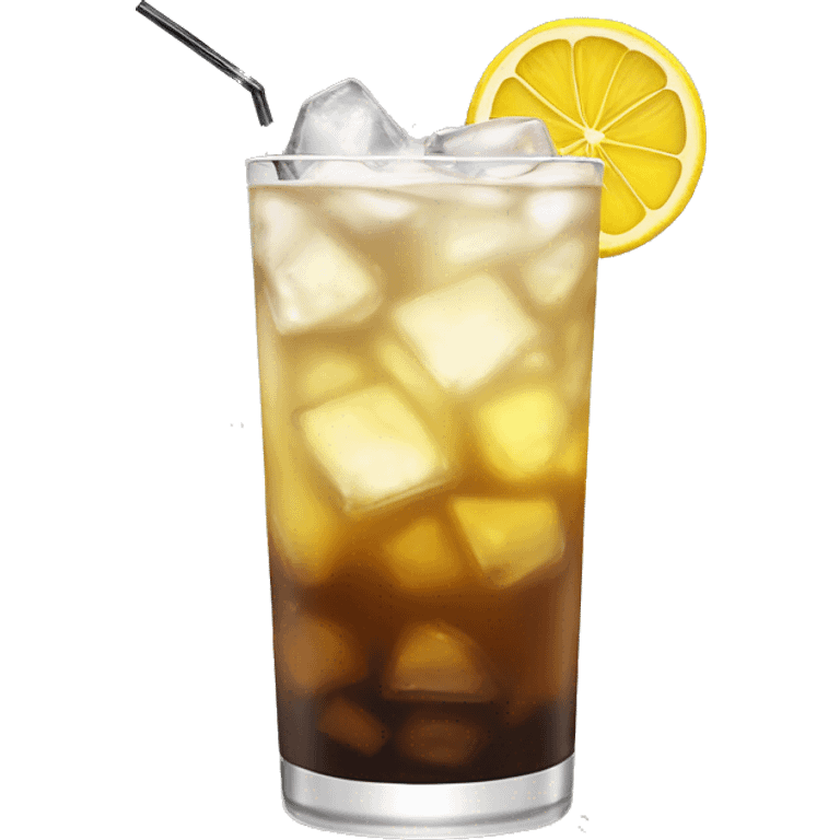 a tall and thin highball cocktail with 2 colors, brown on the bottom and light yellow on top with crush ice and a straw, juste one drink, clear separation between colors emoji