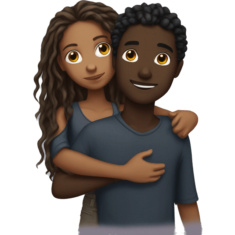 Brown girl with wavy hair hugging black boy who has dreads  emoji