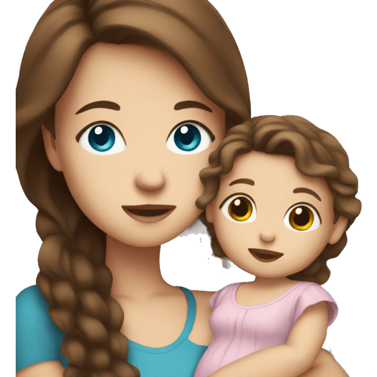 Girl with brown hair and blue eyes holding a baby girl emoji