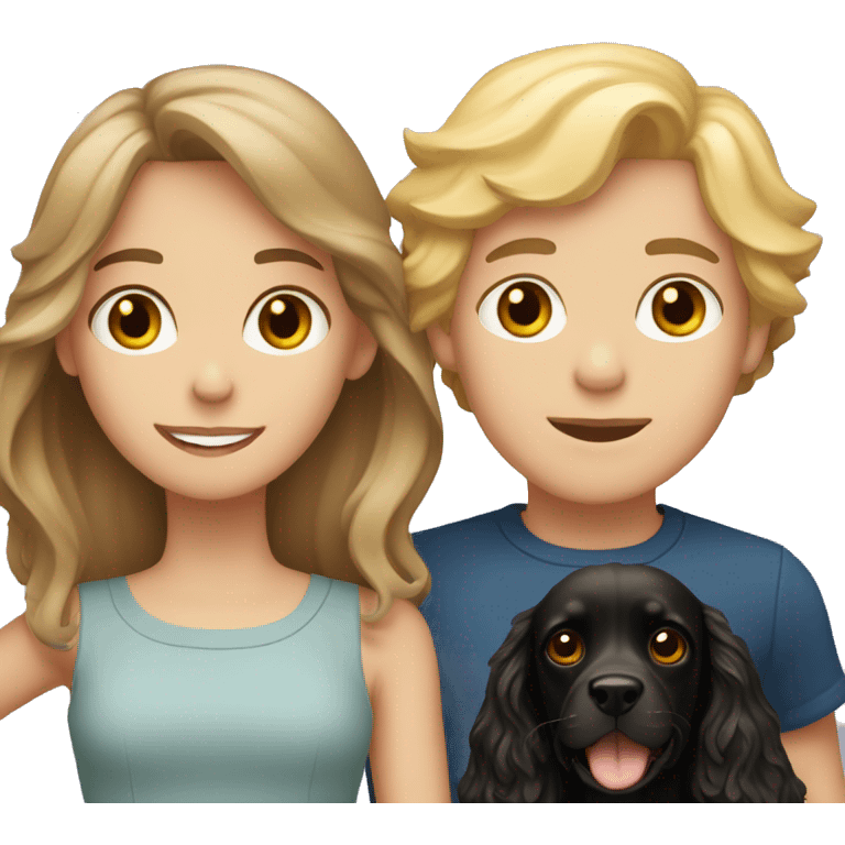 brown-haired girl and blond-haired boy with a black cocker spaniel emoji