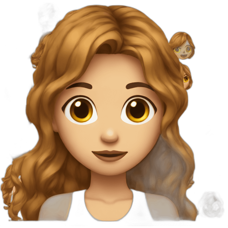 long wavy brown hair skinny girl with long side bangs, thin face and makeup from head to chest emoji