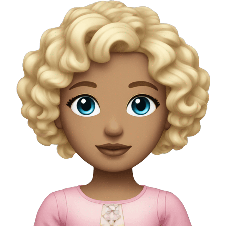 Tan skin, ocean blue doll eyes, blonde curly hair, feminine, pink, girl, angelic emoji