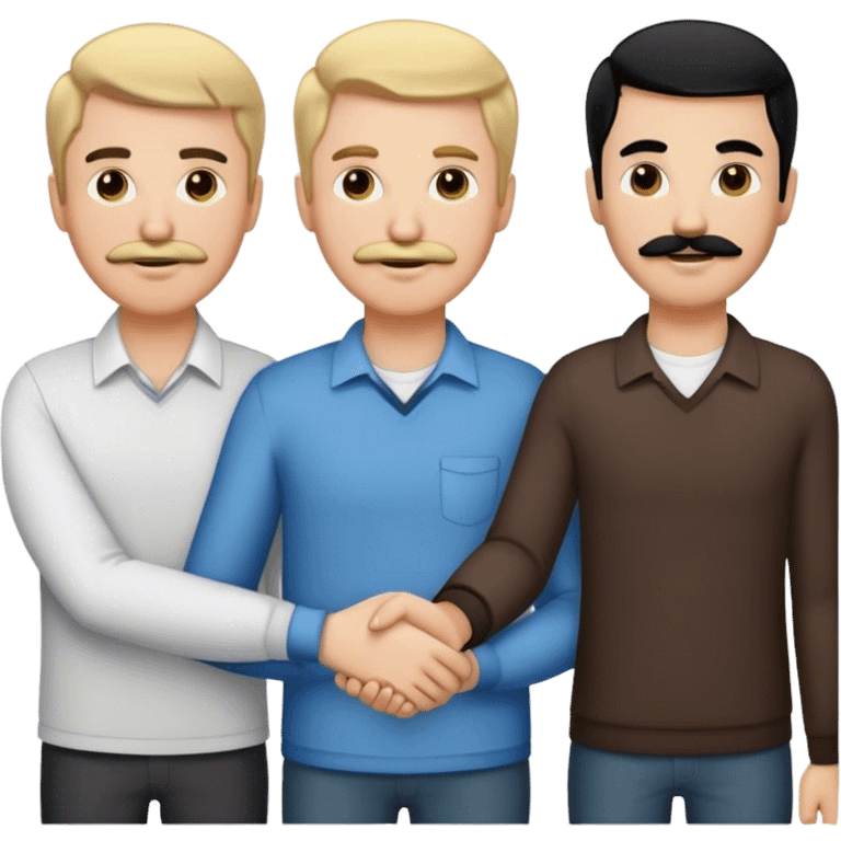 Three men holding hands, all white, one with blonde hair, one with black hair and a mustache and one with brown hair and stubble emoji