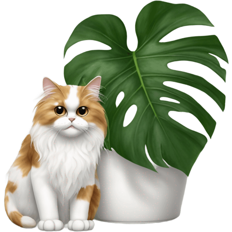 Calico persian cat beside monstera plant with 4 matured leaves in white pot emoji