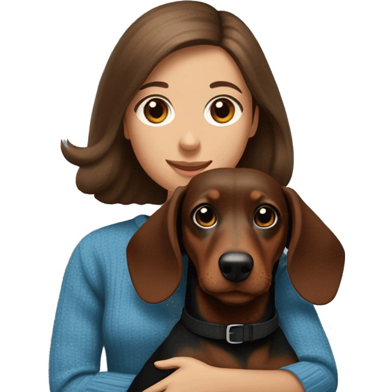 a girl with brown hair with a bob with brown eyes in a blue sweater holds a black dachshund with a brown muzzle and brown paws in her arms emoji