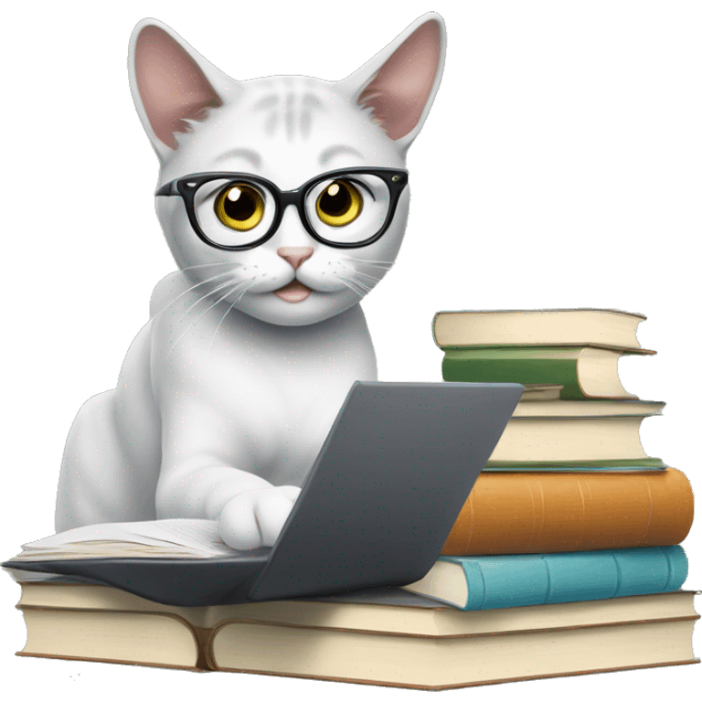 Female Cat studying, glasses, books, laptop emoji