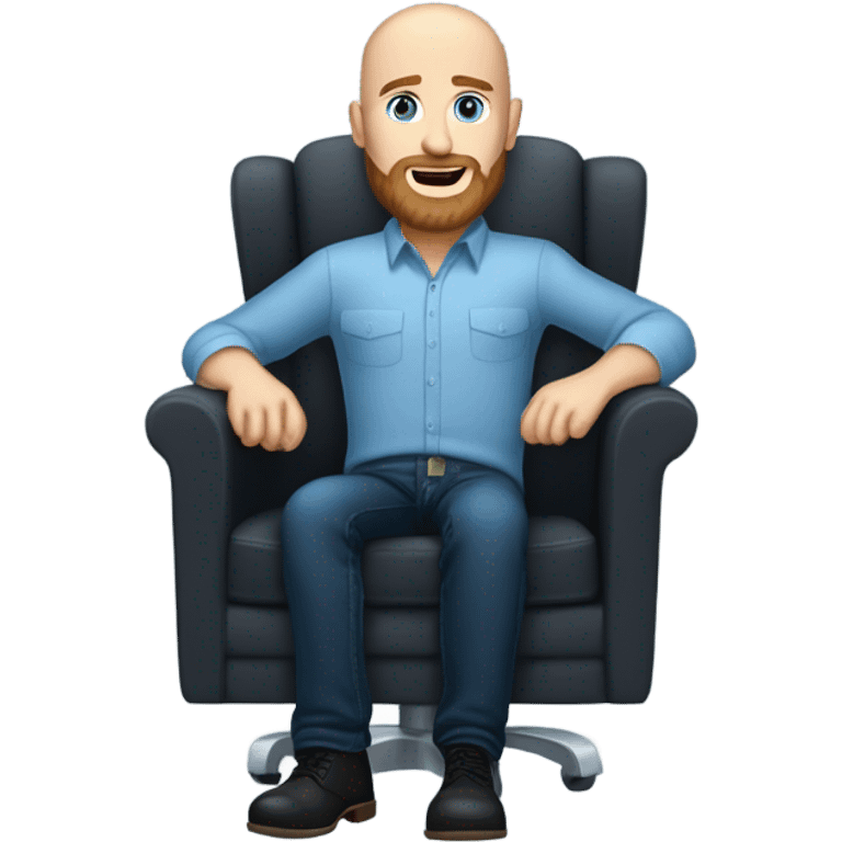 Brown beard Wearing a black dress shirt with a subtle pattern, blue jeans and black Chelsea boots Bald, Caucasian, sky-blue-eyed, Psychotherapist in a modern chair with a full beard emoji