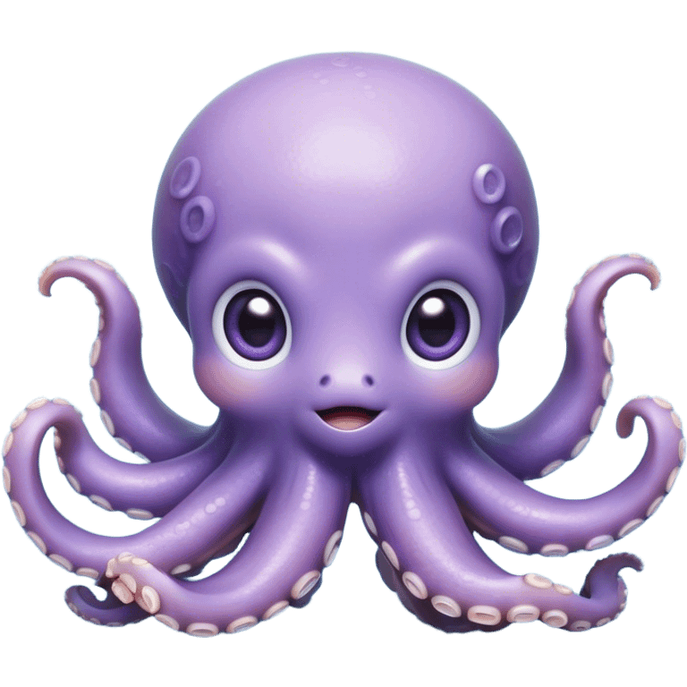 Cinematic Cute Shy Baby Octopus Portrait Emoji, Tentacles tucked slightly inward in an adorably bashful pose, featuring a softly glowing, round light blue-purple body with enormous, soulful eyes peering out timidly, Simplified yet irresistibly adorable features, highly detailed, glowing with a delicate, soothing marine radiance, high shine, quiet yet expressive, stylized with an air of gentle mystery, soft glowing outline, capturing the essence of a tiny, shy deep-sea creature that seems as if it could slowly peek out and explore the world with cautious curiosity! emoji