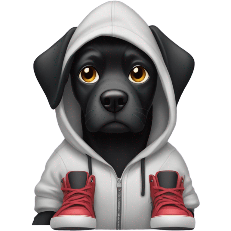 black dog in a hoodie with a cellphone and big shoes emoji