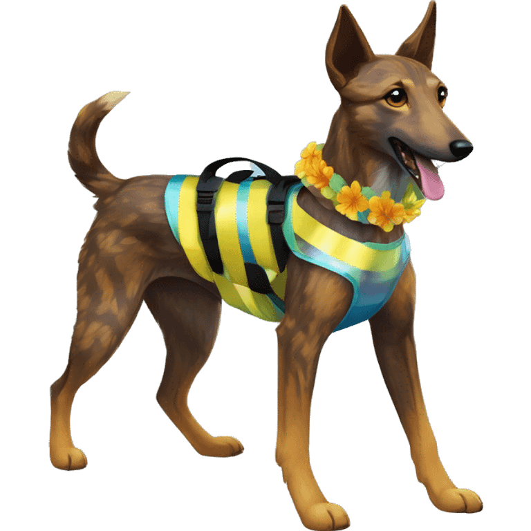  brindle brown black maroon striped lurcher Alsatian fox running blue eyes and iridescent holographic oilslick harness wearing paper iridescent tropical flower crown yellow caution tape emoji