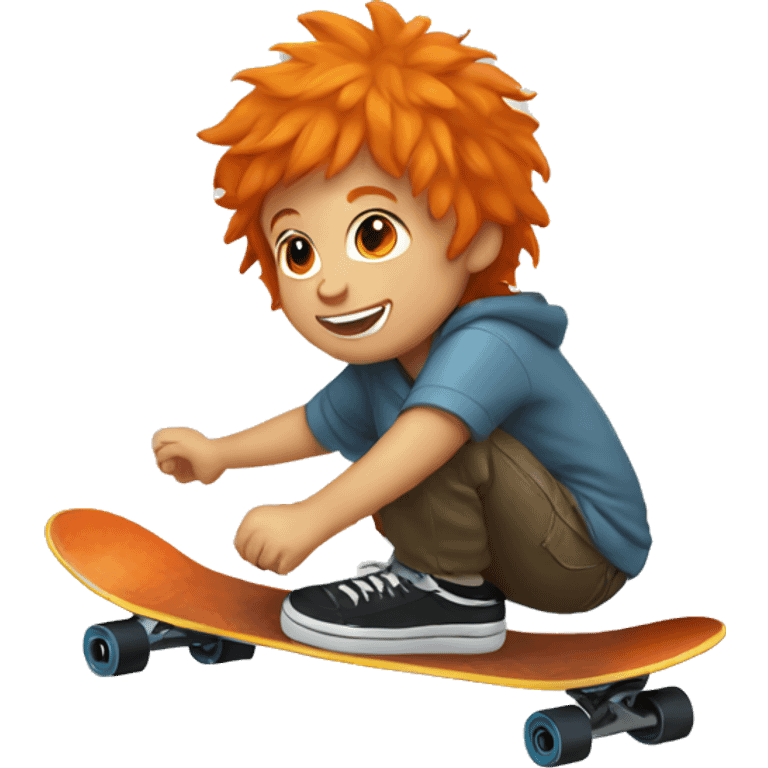 a small boy with orange hair riding a skateboard with a peace sign  emoji