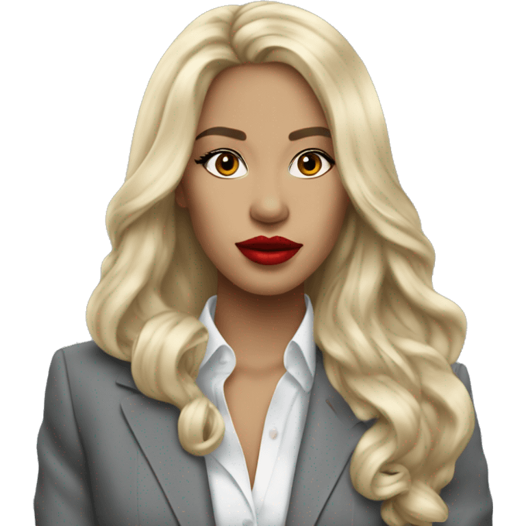 Blonde long hair with red lips Tiffany diamond seller in a grey suit emoji