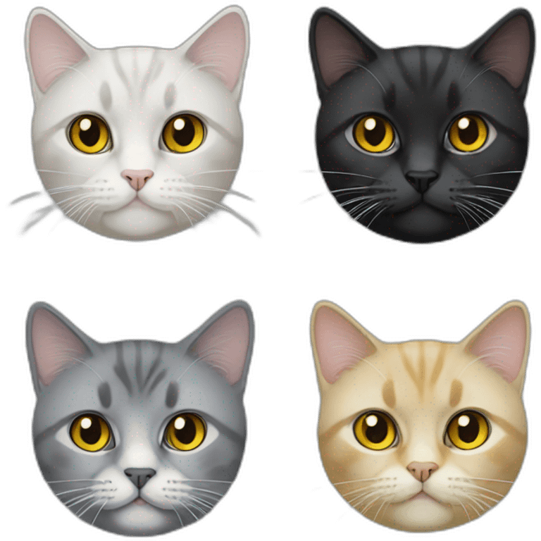 create 4 face cat 's emoji. Includes black British Shorthair, yellow British Longhair, Himalayan Longhair, gray British Shorthair emoji