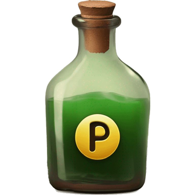 Mysterious Alchemical vintage glass potion bottle, exquisite bottle shape, old and shabby, with label, stylish and minimalistic, brown and shabby-green, oil potion is poured out of the bottle, herbal, flowers and oil is spilled next to it emoji