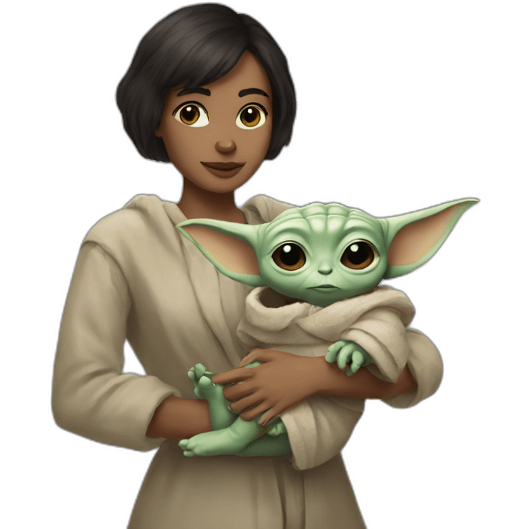 Young woman, dark short hair, holding baby yoda emoji