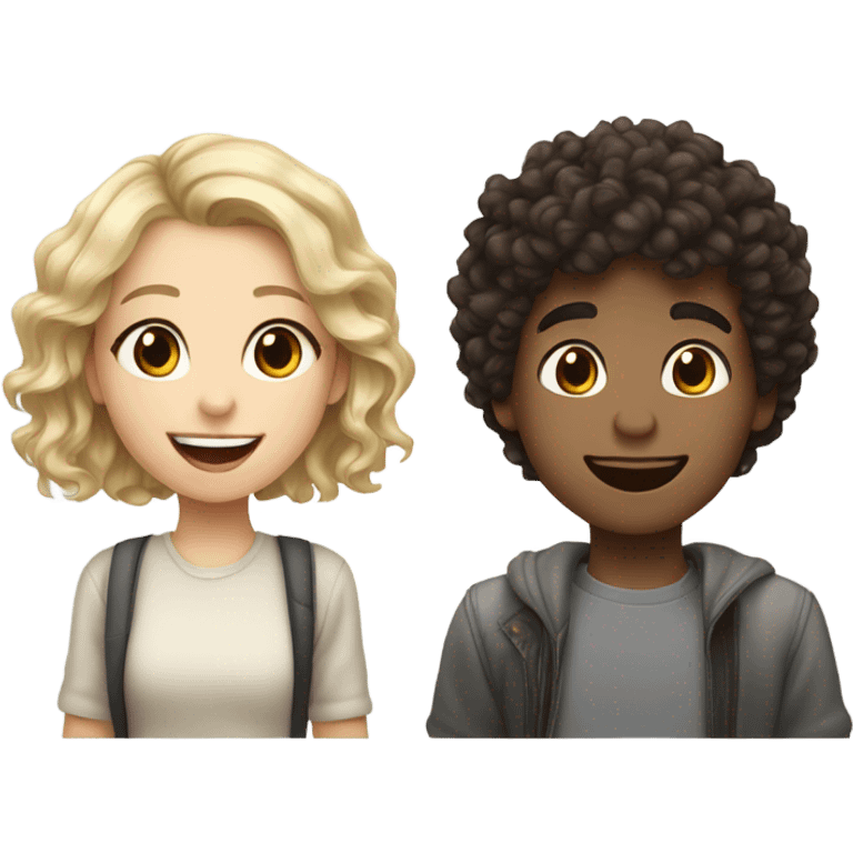 Shorter girl with dark brown curly hair standing next to taller white blond boy smiling with tongue out couple photo emoji