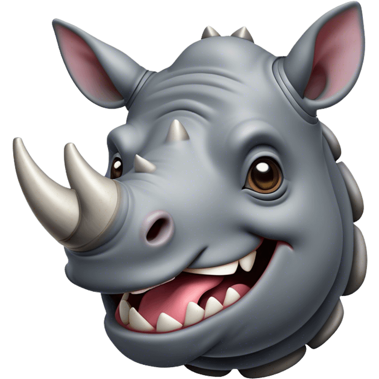 Cinematic Comical Rhinoceros Portrait Emoji, Head tilted dramatically with an exaggeratedly amused expression, featuring a striking, glossy slate-gray hide with a boldly textured horn, wide, expressive eyes filled with playful disbelief, Simplified yet hilariously expressive features, highly detailed, glowing with a slightly sassy glow, high shine, dramatic yet playful, stylized with an air of cheeky wild mischief, bright and endearing, soft glowing outline, capturing the essence of a spirited and over-the-top rhinoceros, so meme-worthy it feels like it could charge its way into internet fame instantly! emoji