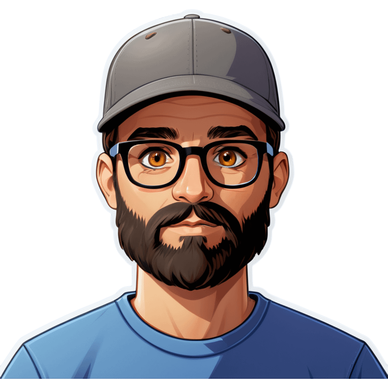 A man with a grey baseball cap, hazel eyes, big dark brown beard and glasses, hi emoji