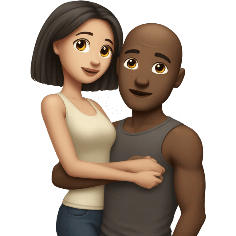 Light skin girl with long dark hair hugging brown skin man with no hair emoji