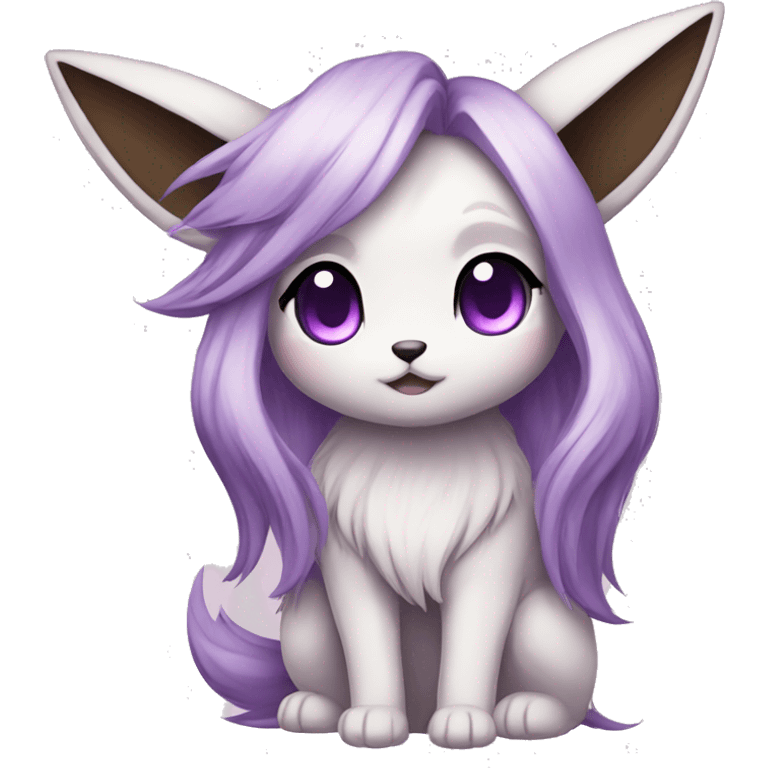 Kawaii Pale Eevee with dark brown long emo hair covering her violet eyes Full Body emoji