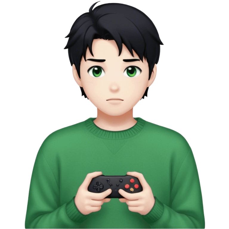 Gorgeous green sweater black hair anime style shojo guy with blushing face and gamer, aesthetic, trending style outside  emoji