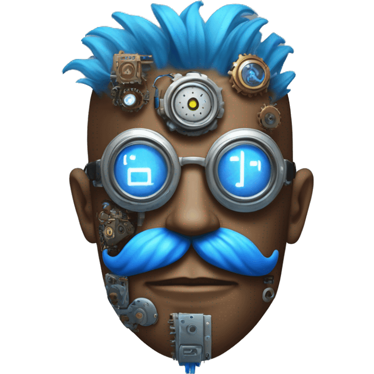 Brown cyborg head with blue Mohawk, blue beard, silver steampunk monocle goggles a smile and circuits emoji