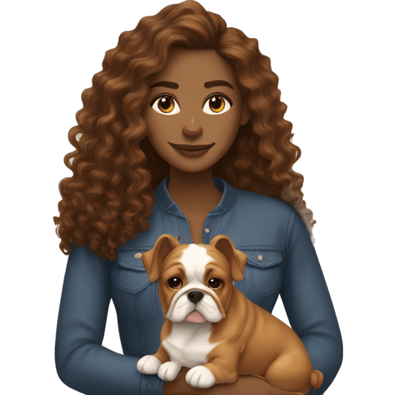 Woman with brown long curly hair with her golden yorkie and her English bulldog emoji