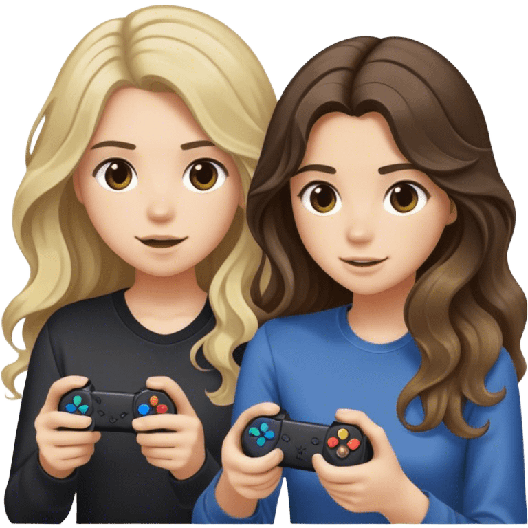 Brunette girl with long wavy hair with balayage and light blond guy playing playstation emoji