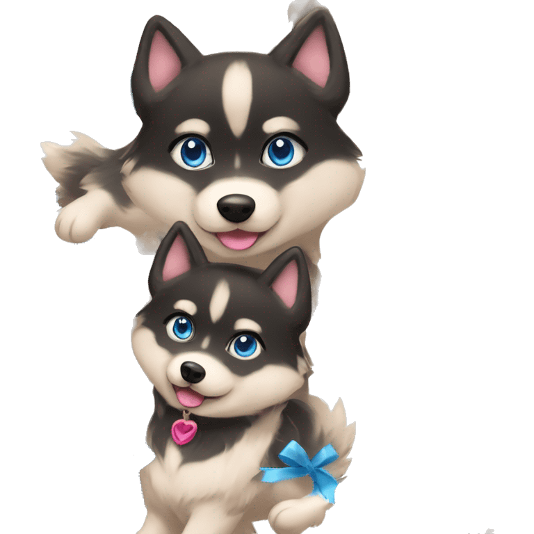 Imagine a black and beige pomsky with blue eyes and a pink ribbon in his head emoji