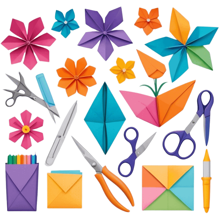 "Paper crafting icon, various paper crafts like origami, paper flowers, and scrapbooking materials, visible tools such as scissors, glue stick, and paper sheets, colorful paper patterns, minimalistic style, clean lines, transparent background." emoji