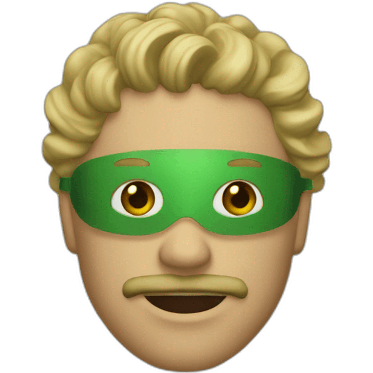 A man with a goatee wearing a green wooden mask with medium length blonde curly hair emoji