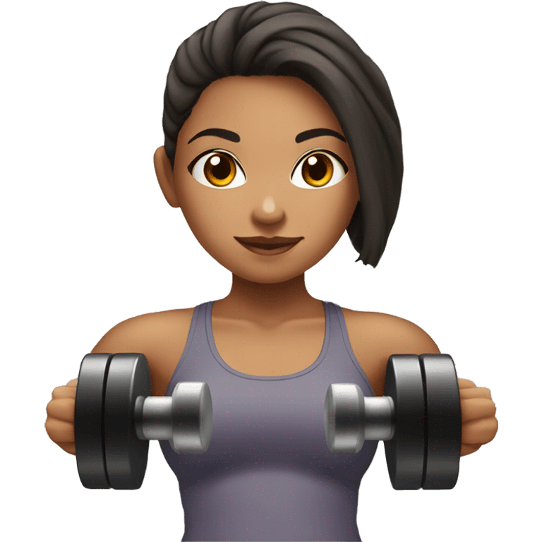 Mixed race girl at the gym holding a dumbbell emoji