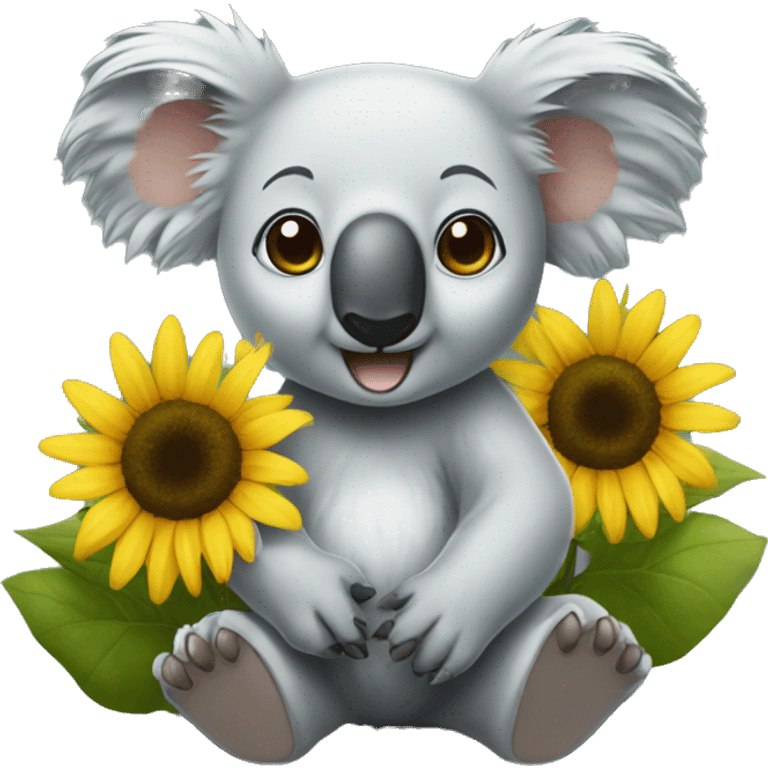 A koala with sunflower lying on ground emoji