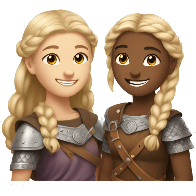 young caucasian viking girls helping each other smiling emoji