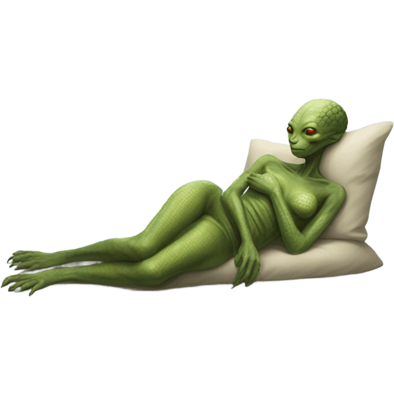 a Reptilian alien woman, full body, sleeping emoji