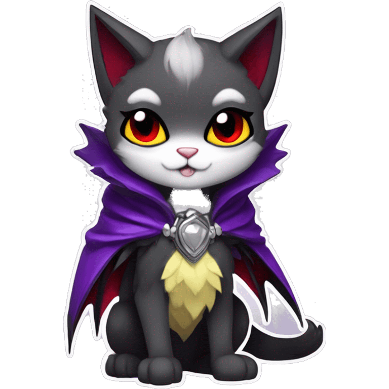 Anthro-Cute-Edgy-Cool-Vampiric-Batty-Cat-Black-Purple-Red-Grey-White-Yellow-Contrast-Colors-Fantasy-Fur-Sona-Chibi-Shiny-Fakémon-Hybrid with horns and fangs and collar full body emoji