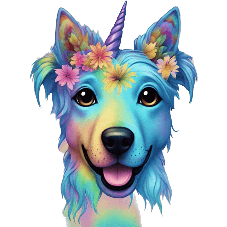 Multicolored rainbow retro groovy tie dye hippie trippy floral patterns on a metallic holographic iridescent blue dog face head unicorn emoji