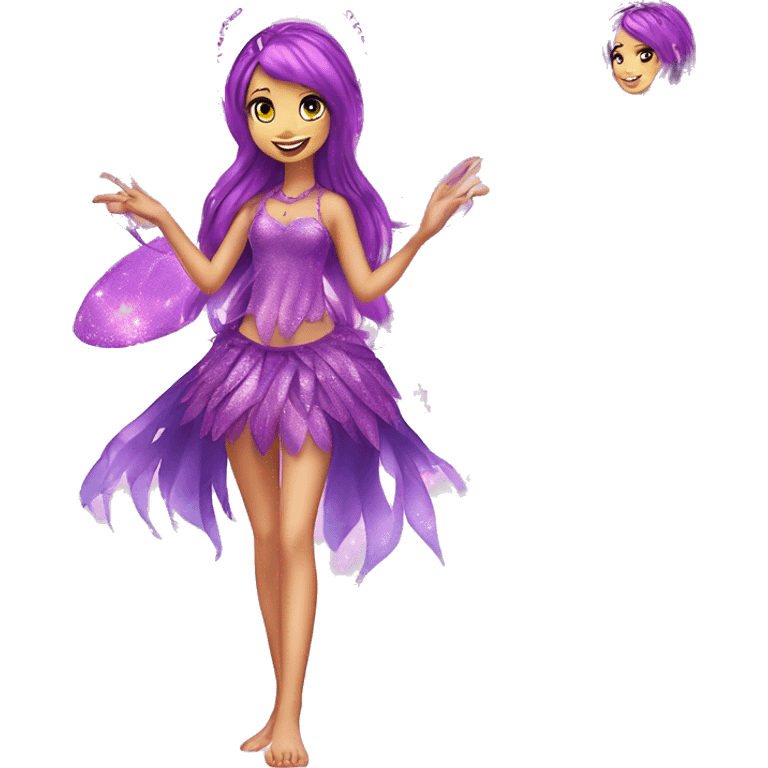 Tecna adult fairy of technology her enchantix fairy purple sparkling two-piece clothing and fairy enchantix wings and long dark pink hair in from winx club. Lots of sparkles and fairydust. Full body pic and full fairy bliss emoji