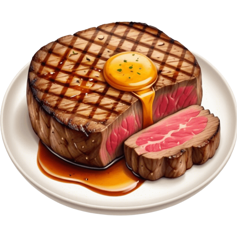 Cinematic thick-cut scotch fillet steak, perfectly seared with grill marks, a grilled center, rich and savory, warm glow, sizzling and mouthwatering, highly detailed and appetizing. emoji