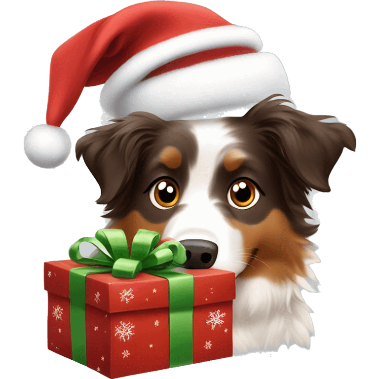 Red tri Australian Shepherd opening a Christmas present ￼ emoji