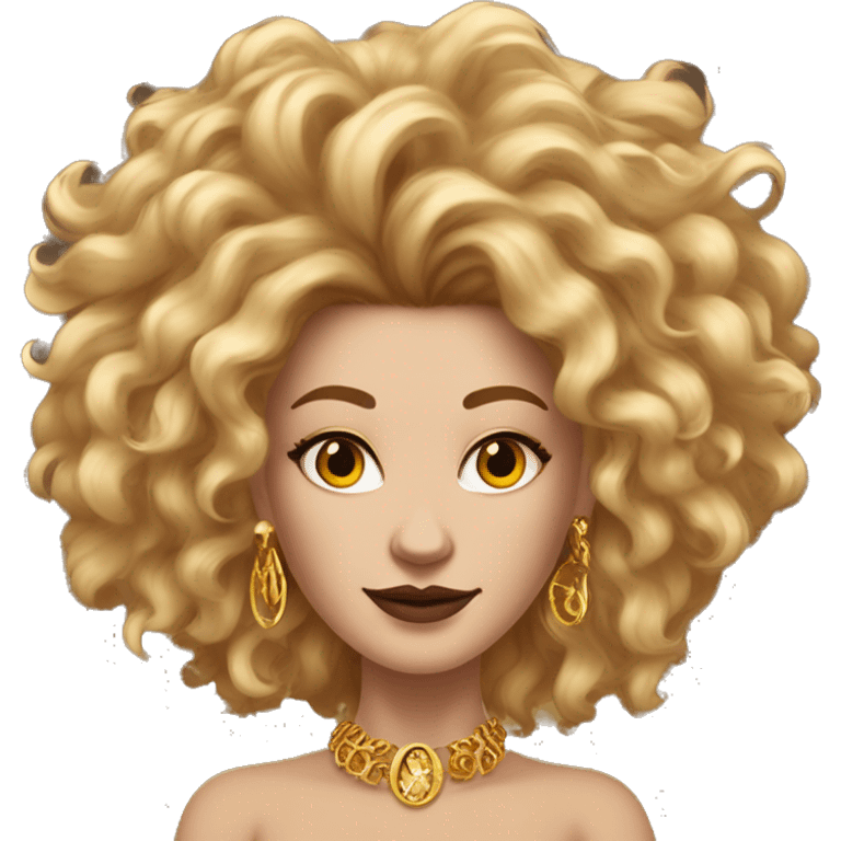 Create an emoji of a confident white woman with voluminous lion-like hair, bold makeup, and gold jewelry, embodying the Leo zodiac sign with a regal expression and fiery energy. emoji