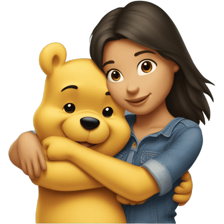 Winne the Pooh hugging pretty brunette girl wearing jeans emoji