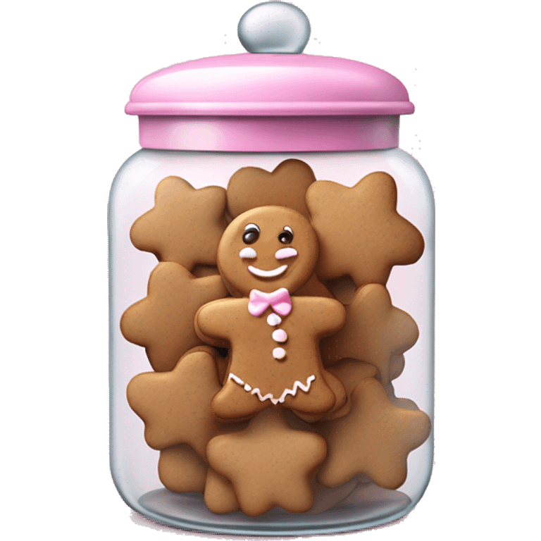 Realistic glass cookie jar with light pink lid full of gingerbread cookies isolated.  emoji