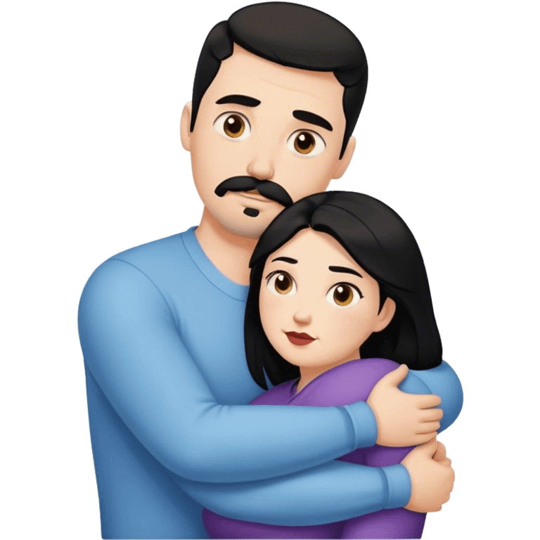 Tall strong white man with dark brown mustache goatee hugging a chubby short pale woman with long black hair emoji