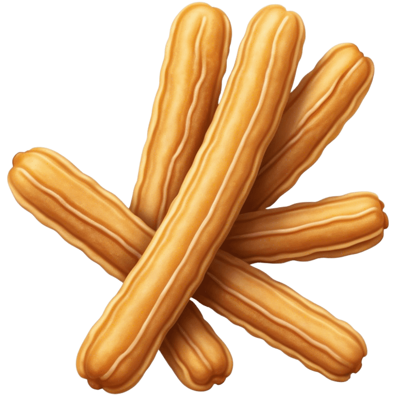 Cinematic Realistic Churros Dessert Emoji, showcasing crispy, golden-brown fried dough sticks dusted with sugar rendered with lifelike detail and warm, inviting lighting. emoji