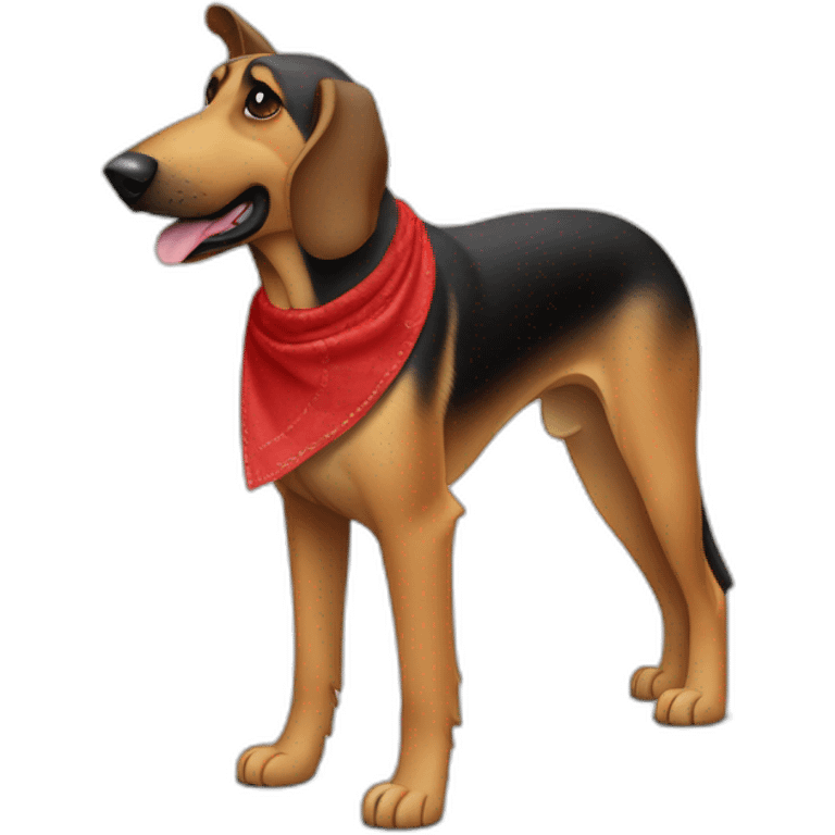 75% Coonhound 25% German Shepherd mix dog wearing small plain red bandana side view full body in profile left facing emoji