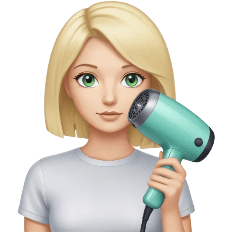 Hair stylist with blonde bob hair and blue green eyes holding hair dryer emoji