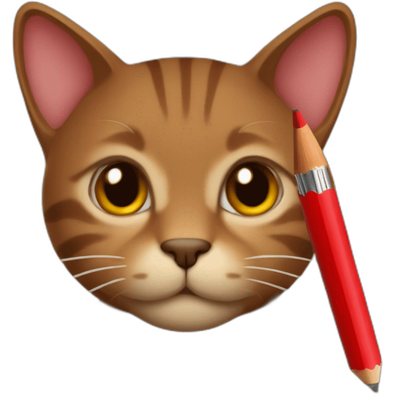 a brown cat holding a red pencil emoji