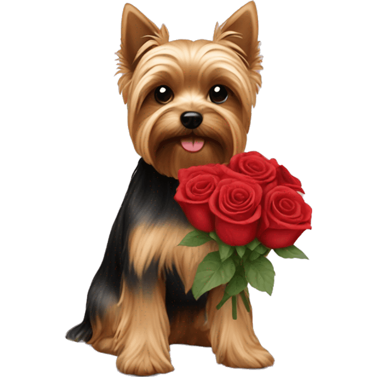 Yorkie holding red roses emoji