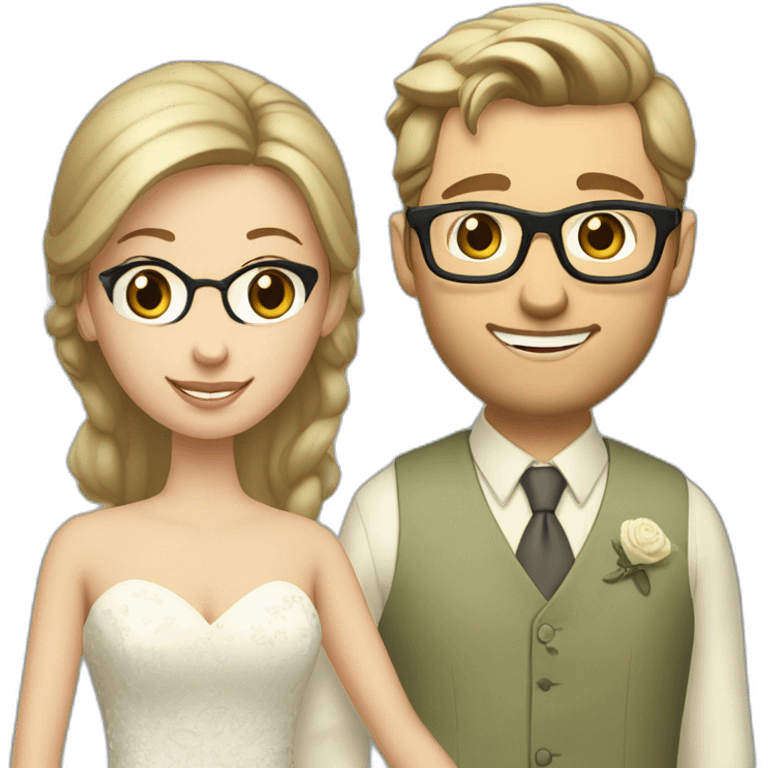 Wedding couple. She has dark Hair and a chignon. He has a light olive green suit with a brown vest. Husband wears glasses and is blond. Both with blue eyes emoji